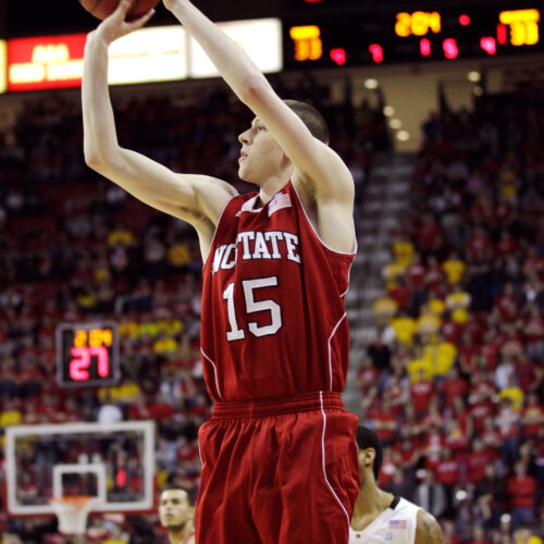 COLLEGE PARK, MD - FEBRUARY 20: Scott Wood #15 of the North Carolina State Wolfpack shoots against the Maryland Terrapinsat the Comcast Center on February 20, 2011 in College Park, Maryland.  (Photo by Rob Carr/Getty Images)
